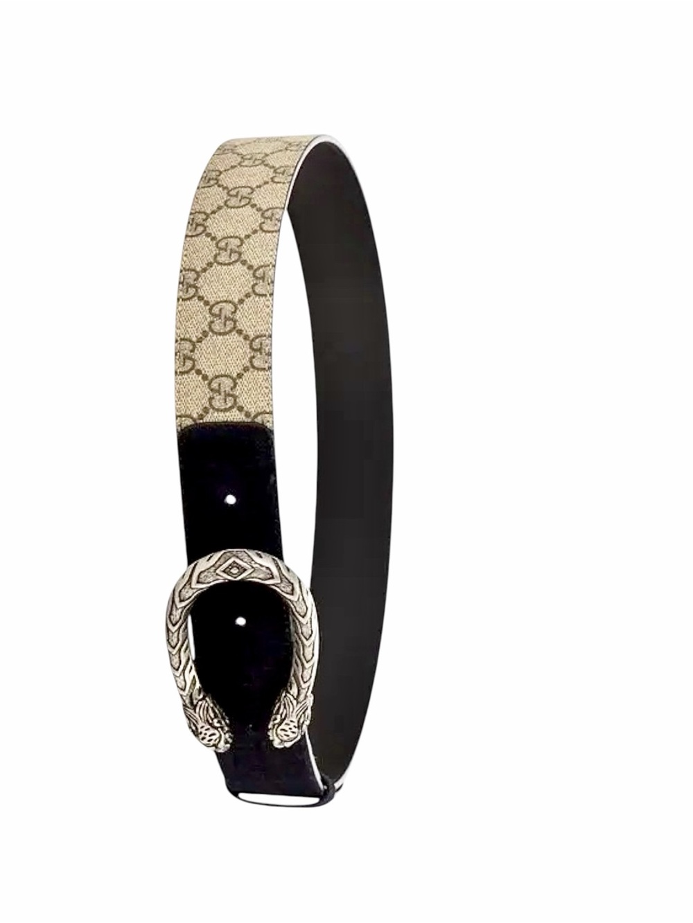Gucci – Dionysus GG Supreme Canvas Belt Double Tiger Head – Beige/Black – Sz. 36